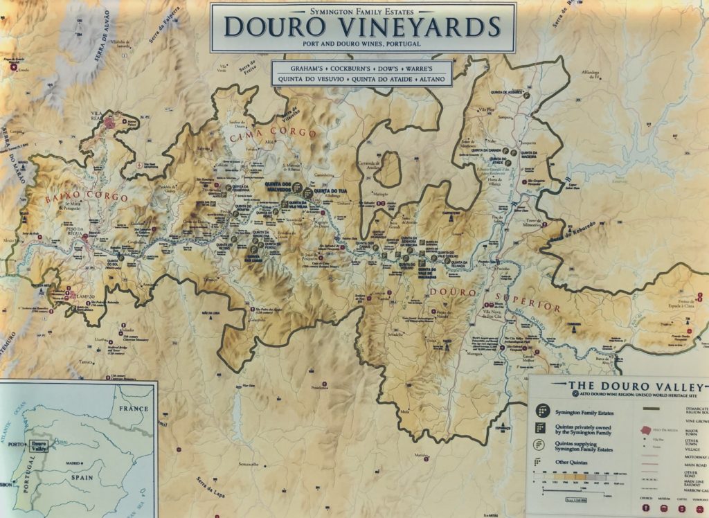 Carte de la vallée du Haut-Douro avec ses domaines (quintas), productrices du fameux Porto.